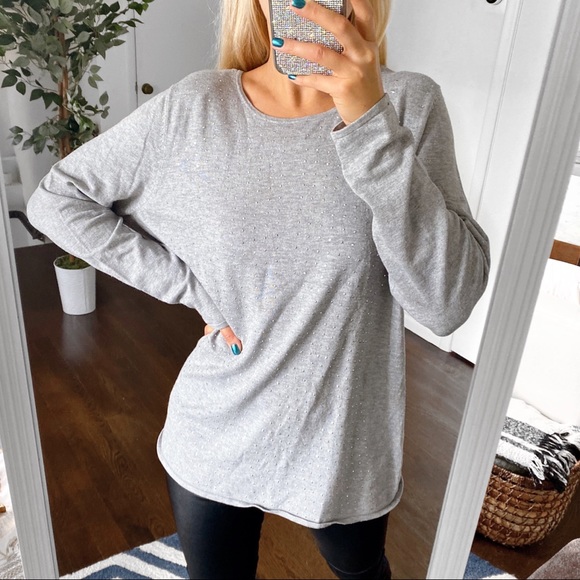 🐚 BONITA GREY SILVER RHINESTONE LONG SLEEVE KNIT TOP! - Picture 2 of 13
